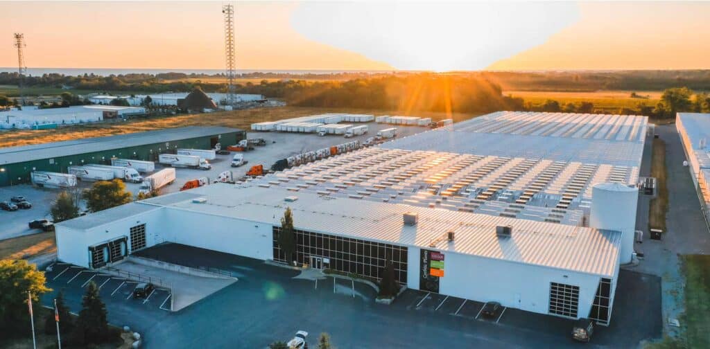 Drone viewpoint of the exterior of the CosMic Plants facility